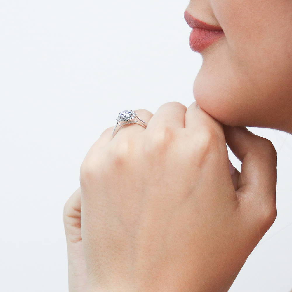 Model wearing Sunburst Halo CZ Ring in Sterling Silver, 3 of 7