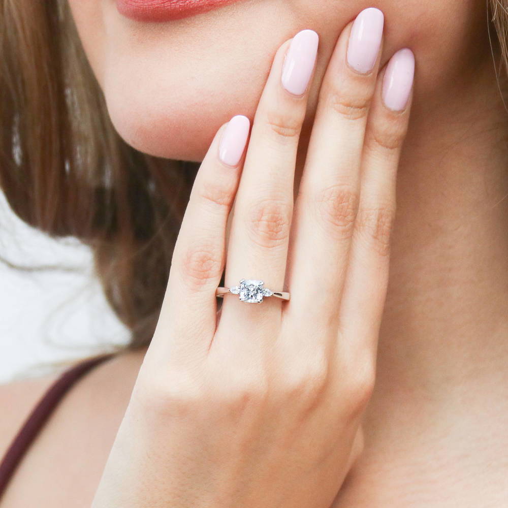 Model wearing 3-Stone 1.25ct Cushion CZ Ring in Sterling Silver, 2 of 10