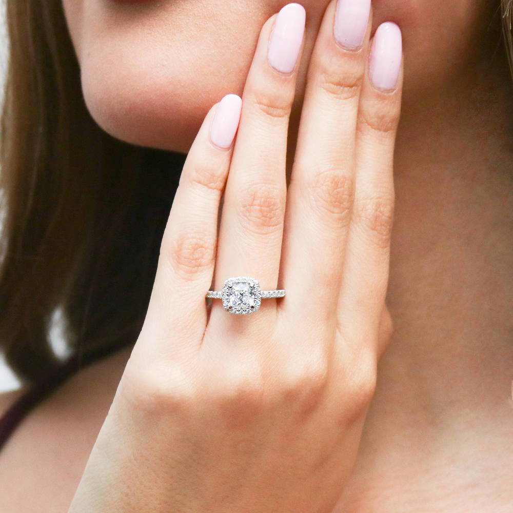Halo Cushion CZ Ring Set in Sterling Silver