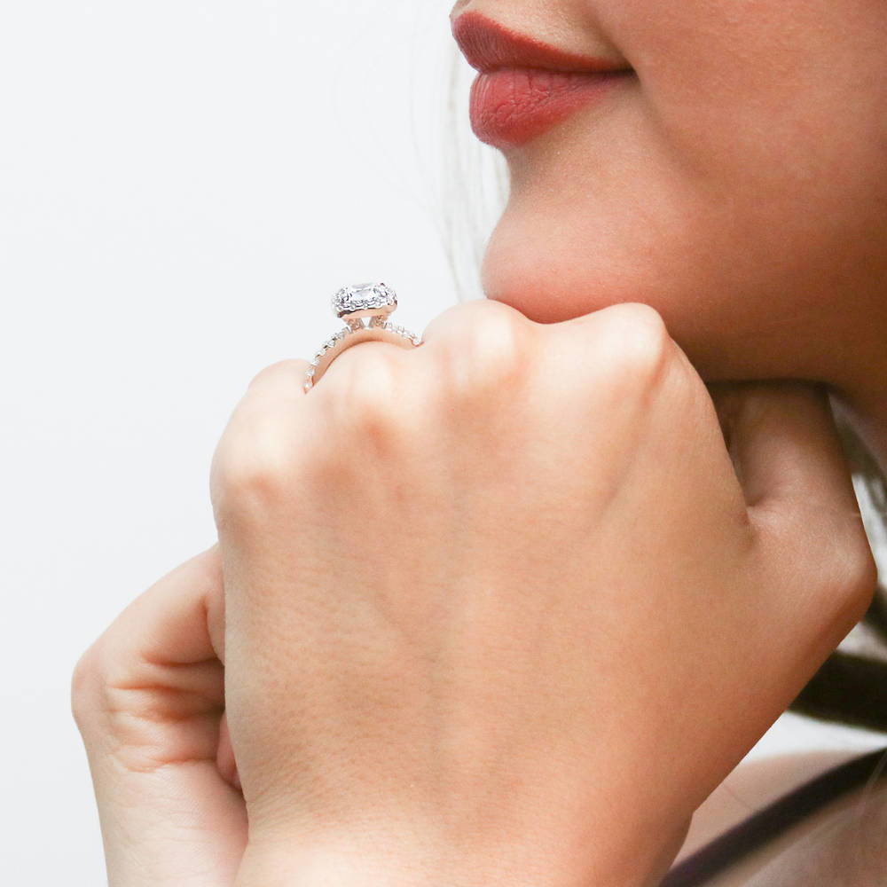 Model wearing Halo Cushion CZ Ring Set in Sterling Silver, 10 of 14