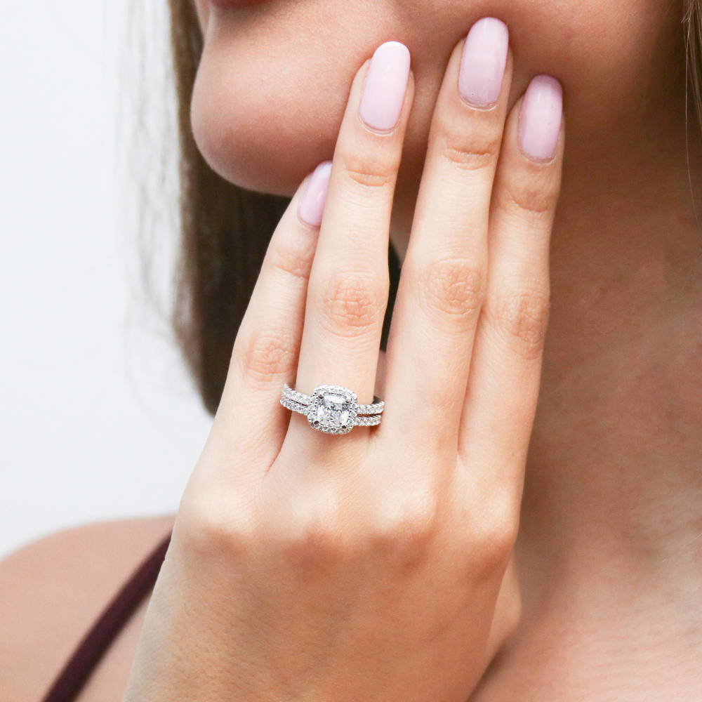 Model wearing Halo Cushion CZ Ring Set in Sterling Silver, 2 of 14