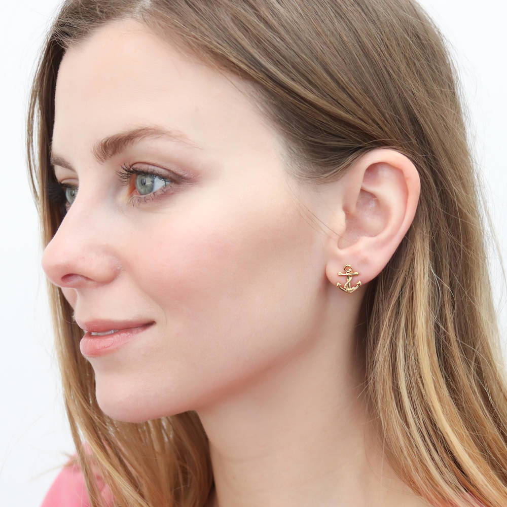 Anchor Stud Earrings in Gold Flashed Sterling Silver, 2 Pairs