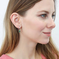 Model wearing Solitaire Emerald Cut CZ Earrings in Sterling Silver 2ct, Green Color