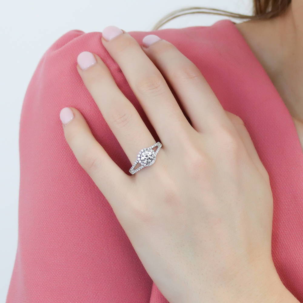 Model wearing Halo Wishbone CZ Split Shank Ring Set in Sterling Silver, 10 of 18