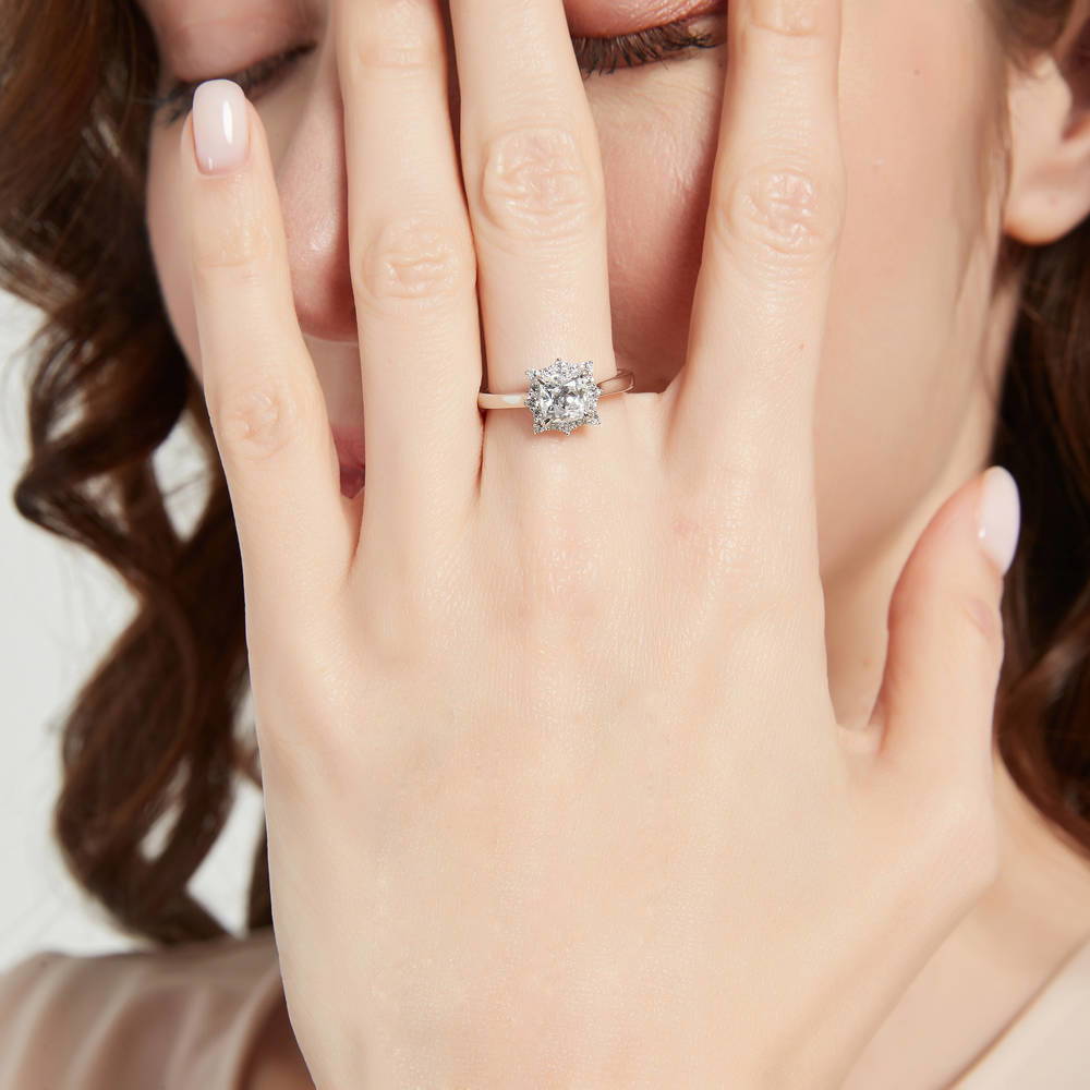 Model wearing Sunburst Halo CZ Ring in Sterling Silver, 2 of 7