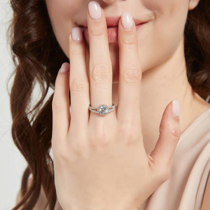 Halo Wishbone CZ Split Shank Ring Set in Sterling Silver