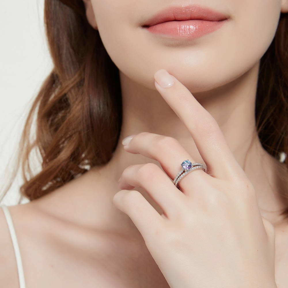 Solitaire Kaleidoscope Purple Aqua CZ Ring in Sterling Silver