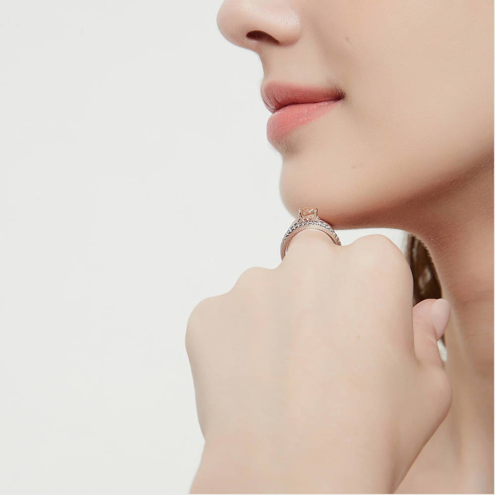 Model wearing Solitaire Kaleidoscope Red Orange CZ Ring in Sterling Silver, 9 of 10