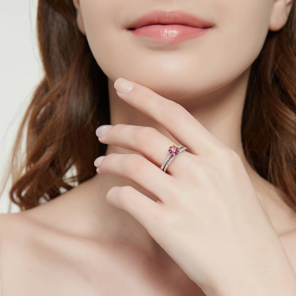 Model wearing Solitaire Kaleidoscope Red Orange CZ Ring in Sterling Silver, 8 of 8