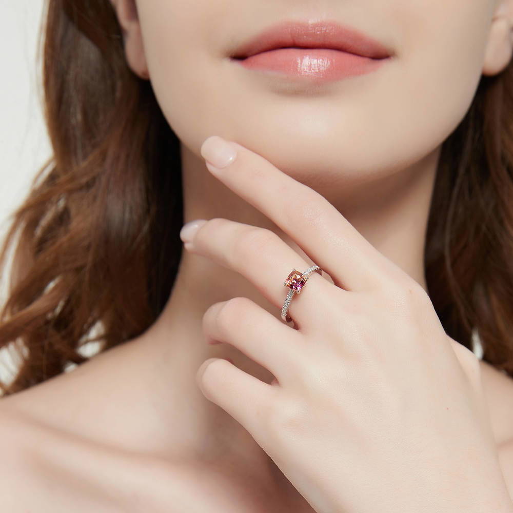 Model wearing Solitaire Kaleidoscope Red Orange CZ Ring in Sterling Silver, 2 of 7