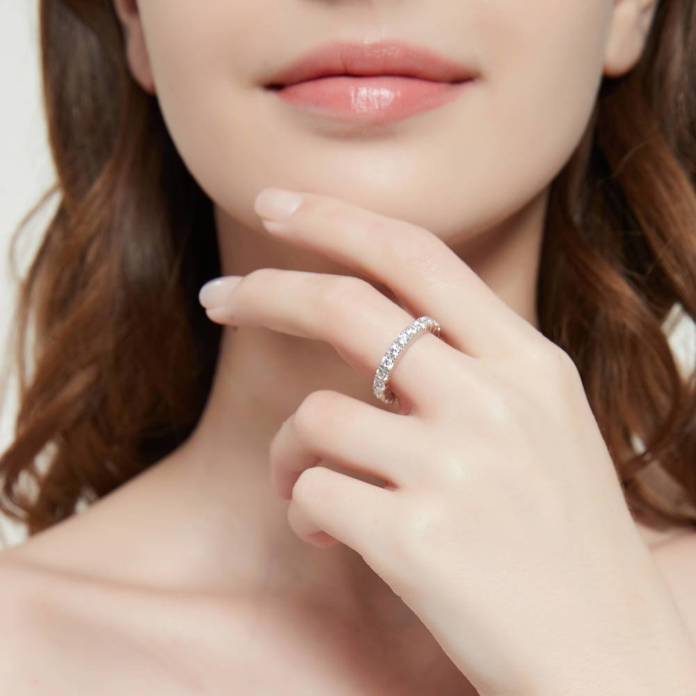 Model wearing CZ Eternity Ring Set in Sterling Silver, 9 of 12