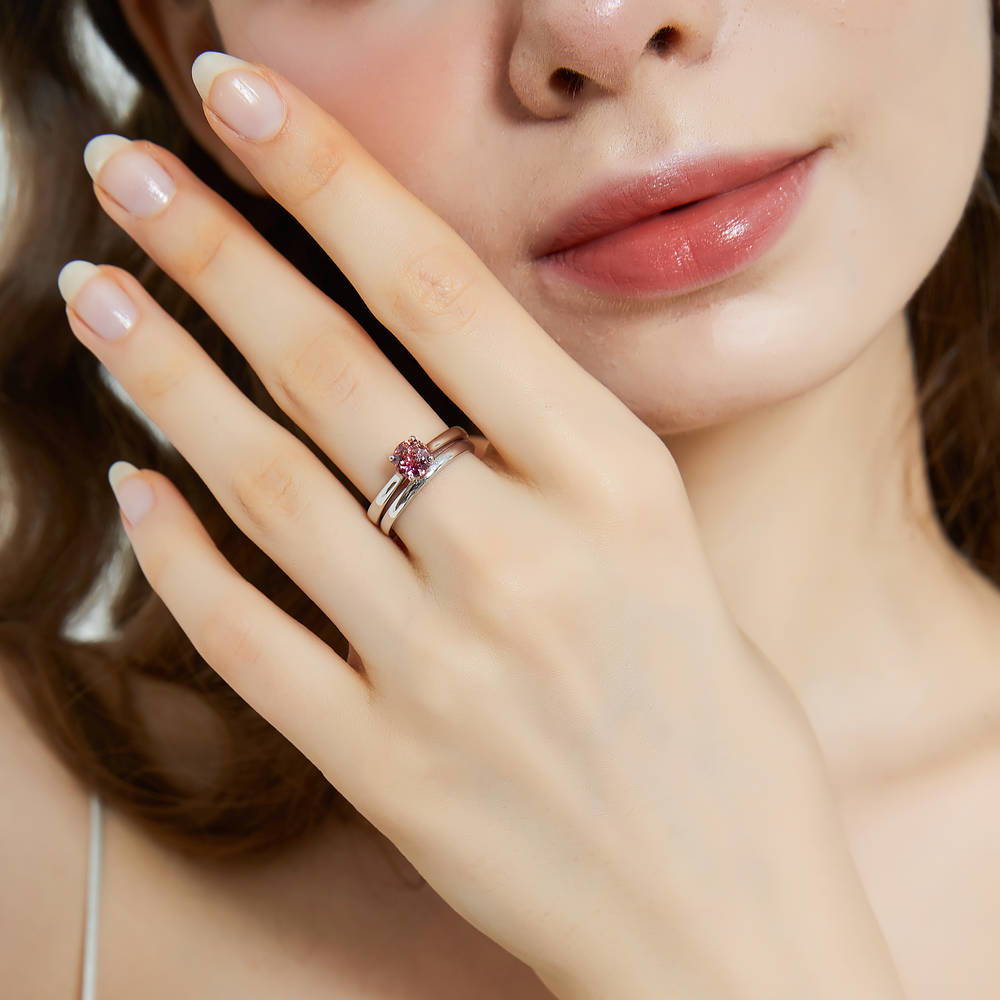 Solitaire Kaleidoscope Red Orange CZ Ring Set in Sterling Silver