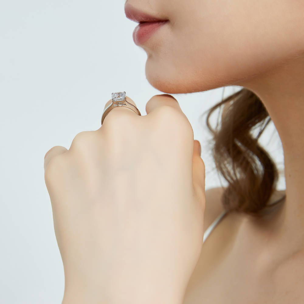 Model wearing Solitaire 2ct Cushion CZ Ring Set in Sterling Silver, 3 of 10