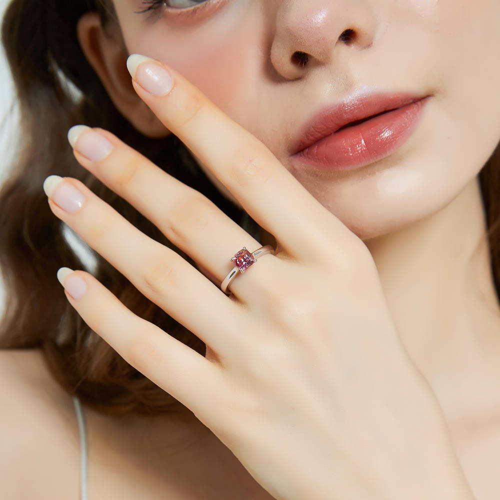 Model wearing Solitaire Kaleidoscope Red Orange CZ Ring Set in Sterling Silver, 7 of 11