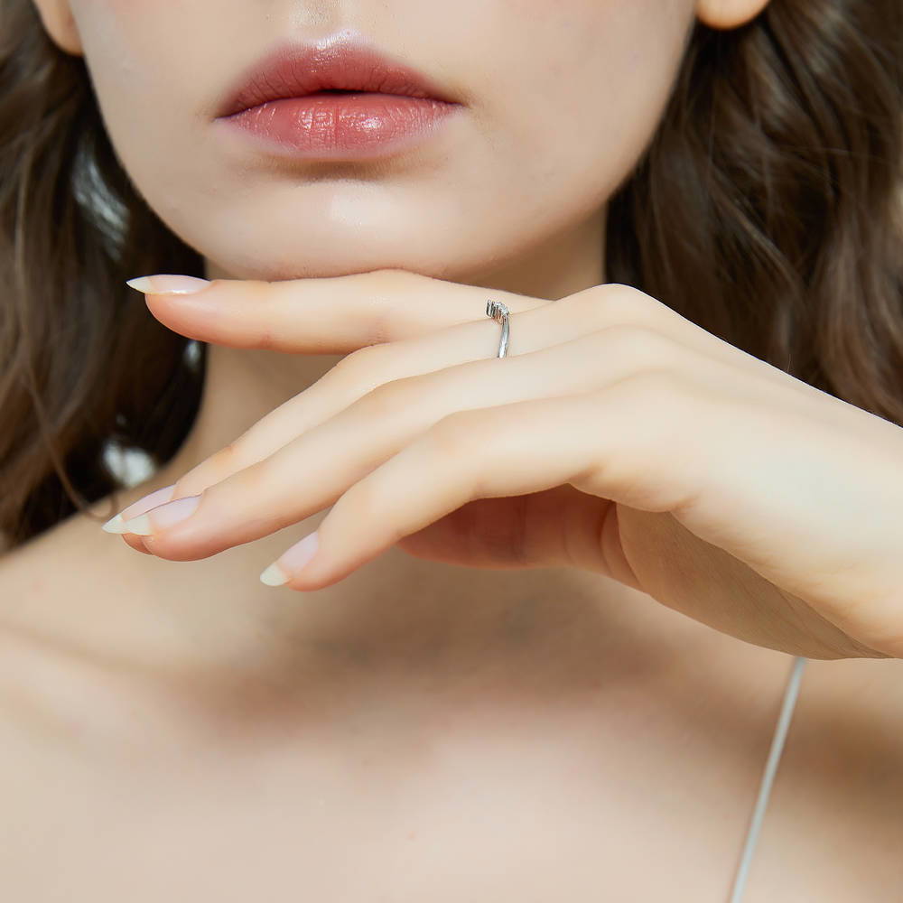 Model wearing 3-Stone Wishbone 7-Stone Cushion CZ Ring Set in Sterling Silver, 19 of 19