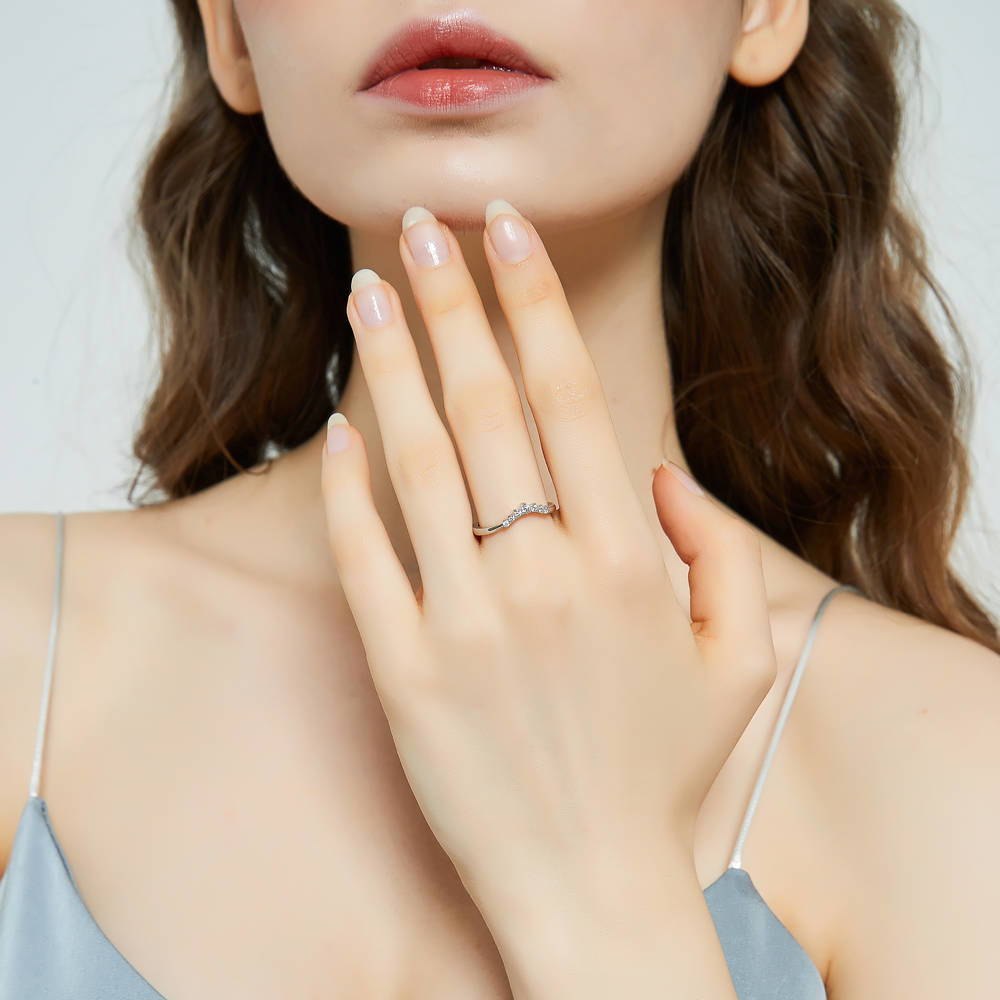 Model wearing Wishbone 7-Stone CZ Curved Band in Sterling Silver, 2 of 7