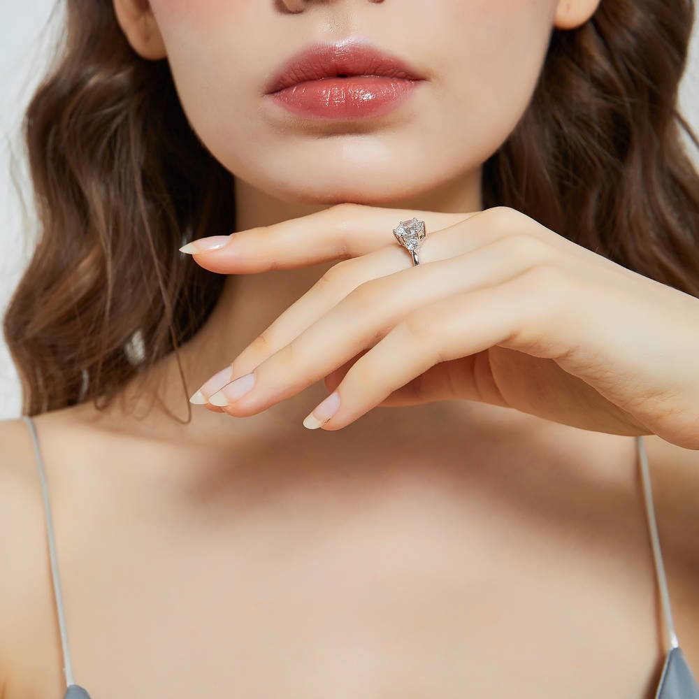 Model wearing 3-Stone 2ct CZ Ring in Sterling Silver, 10 of 11