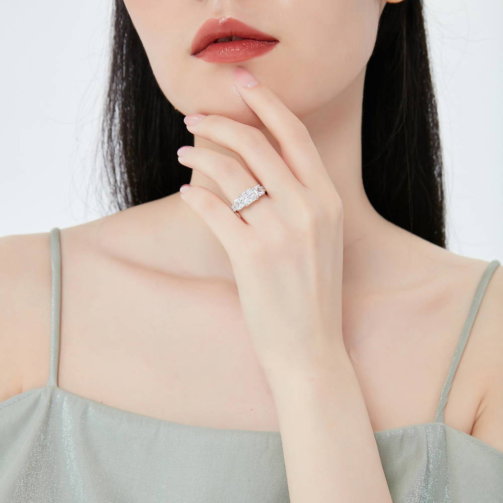Model wearing 3-Stone 1.6ct Princess CZ Ring Set in Sterling Silver, 7 of 12