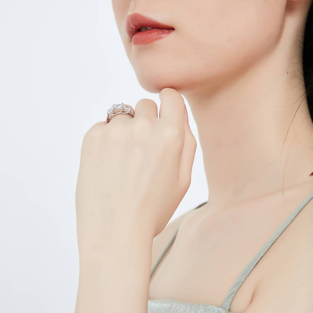 Model wearing 3-Stone 1.6ct Princess CZ Ring Set in Sterling Silver, 11 of 12