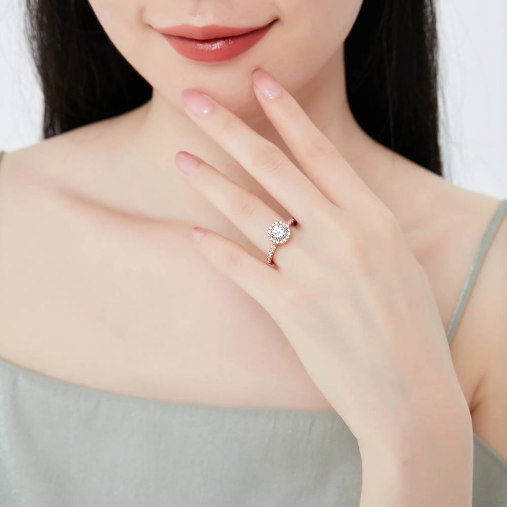 Model wearing Halo CZ Ring in Rose Gold Plated Sterling Silver, 2 of 7