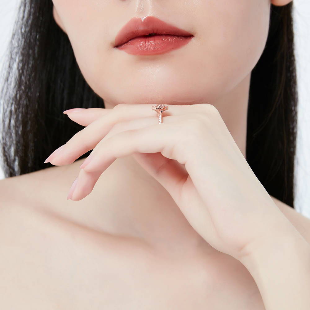 Model wearing Halo CZ Ring in Rose Gold Plated Sterling Silver, 6 of 7