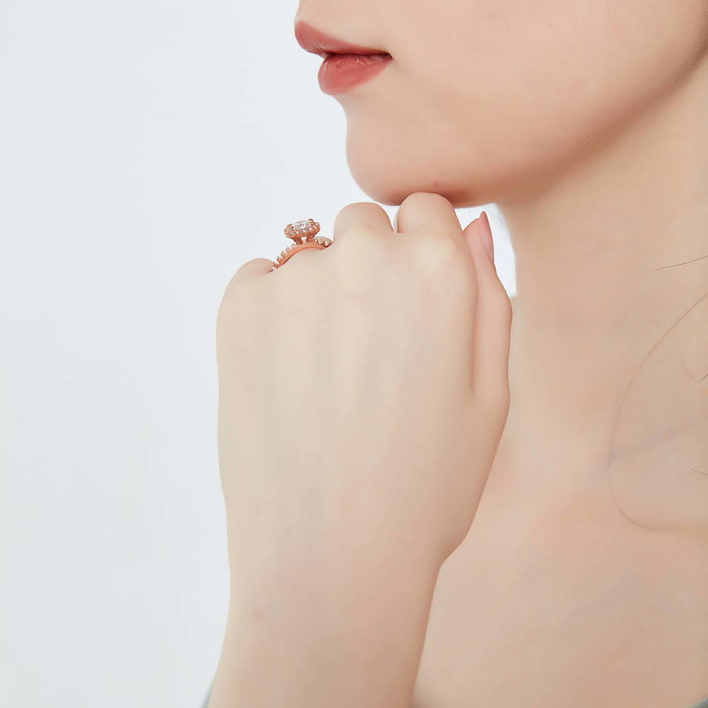 Model wearing Halo CZ Ring in Rose Gold Plated Sterling Silver, 3 of 7