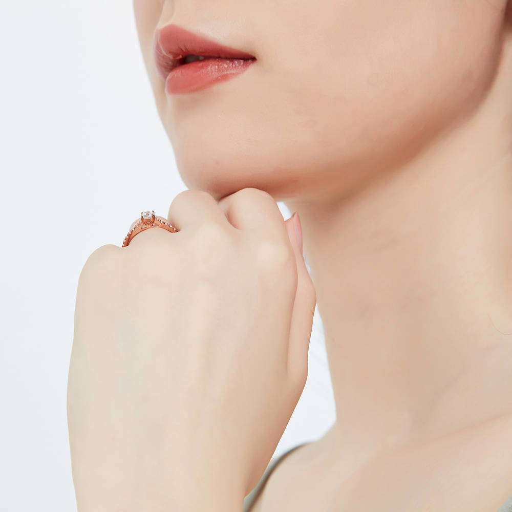 Model wearing Solitaire 0.35ct CZ Ring in Rose Gold Plated Sterling Silver, 3 of 7