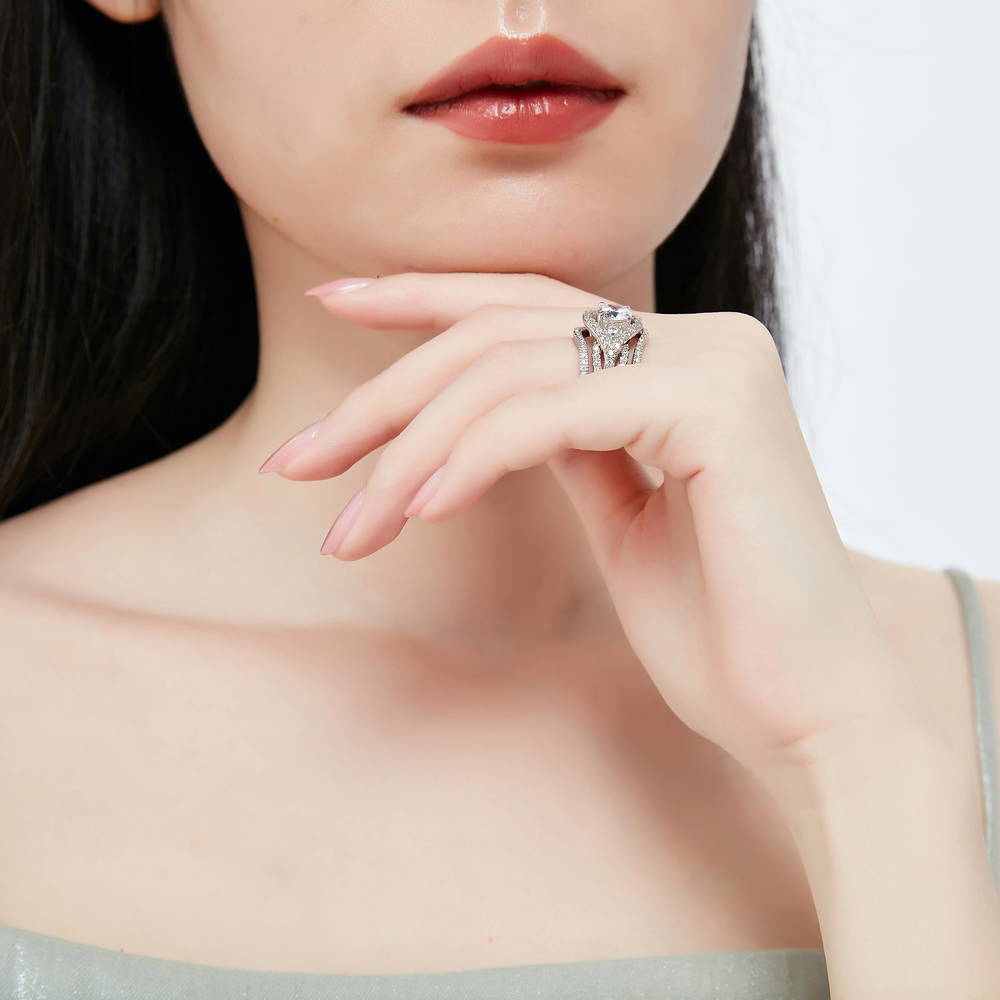 Model wearing 3-Stone Wishbone 1.25ct CZ Ring Set in Sterling Silver, 11 of 17
