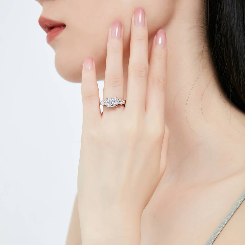 Model wearing 3-Stone 2ct Princess CZ Ring Set in Sterling Silver, 11 of 16