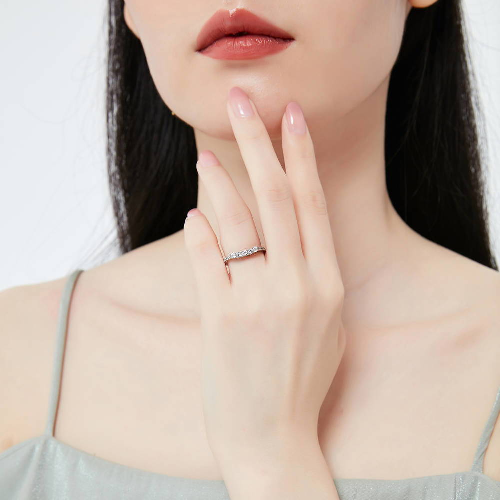 Model wearing 5-Stone CZ Curved Half Eternity Ring in Sterling Silver, 2 of 8