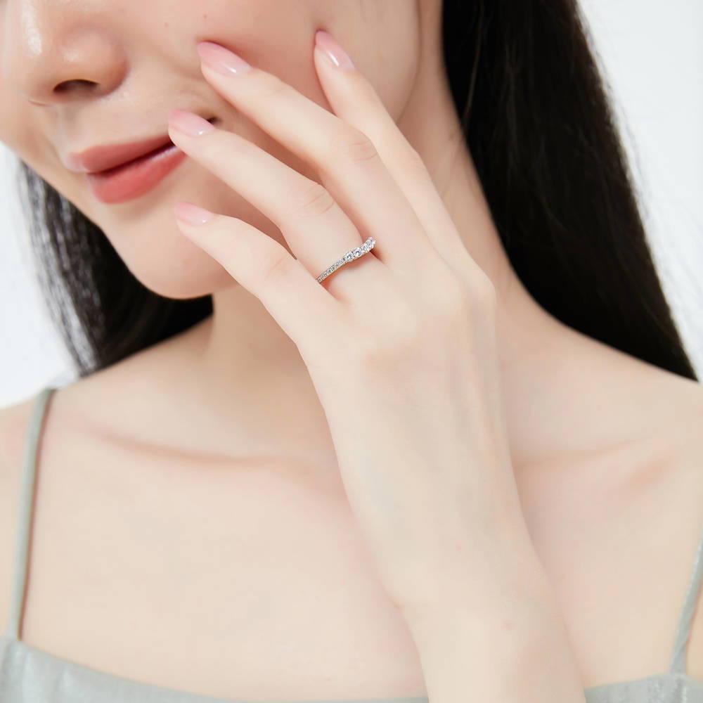 Model wearing 5-Stone CZ Curved Half Eternity Ring in Sterling Silver, 8 of 8