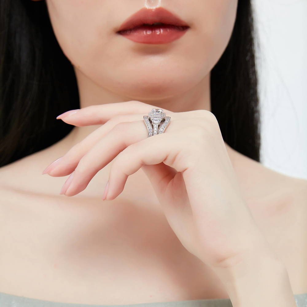 Halo Art Deco CZ Ring Set in Sterling Silver