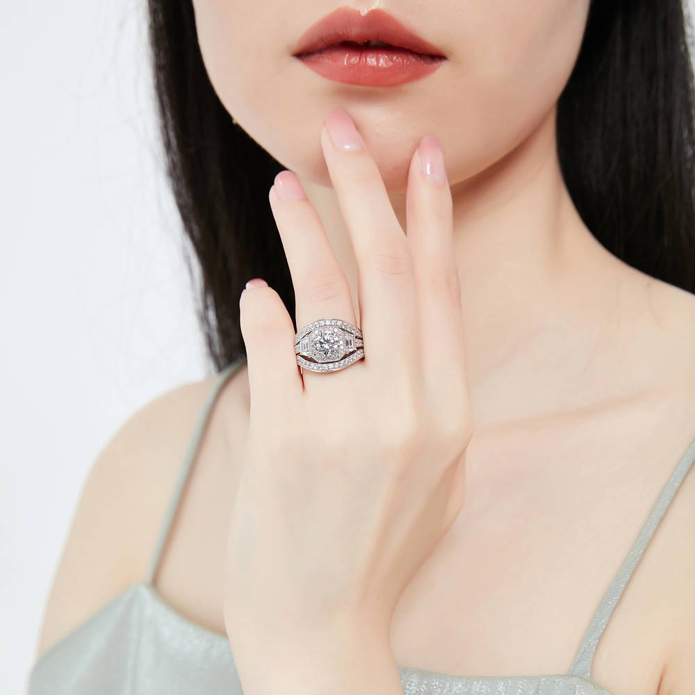 Model wearing Halo Art Deco CZ Ring Set in Sterling Silver, 2 of 15