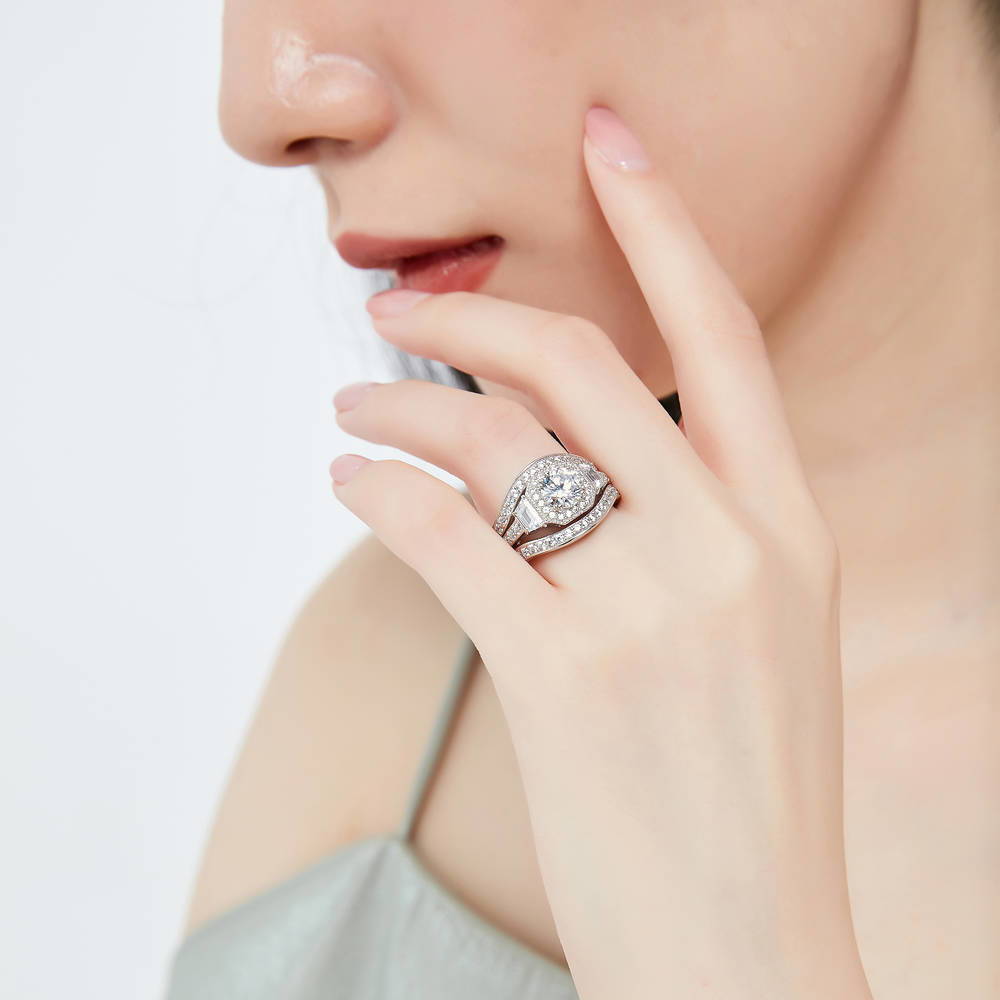 Model wearing Halo Art Deco CZ Ring Set in Sterling Silver, 10 of 15