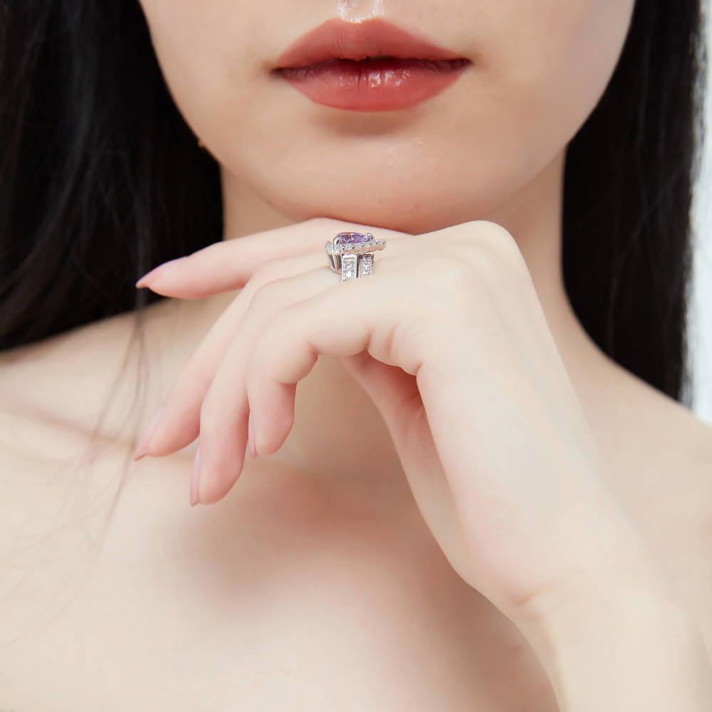 Model wearing Halo Heart Purple Heart CZ Ring Set in Sterling Silver, 10 of 18