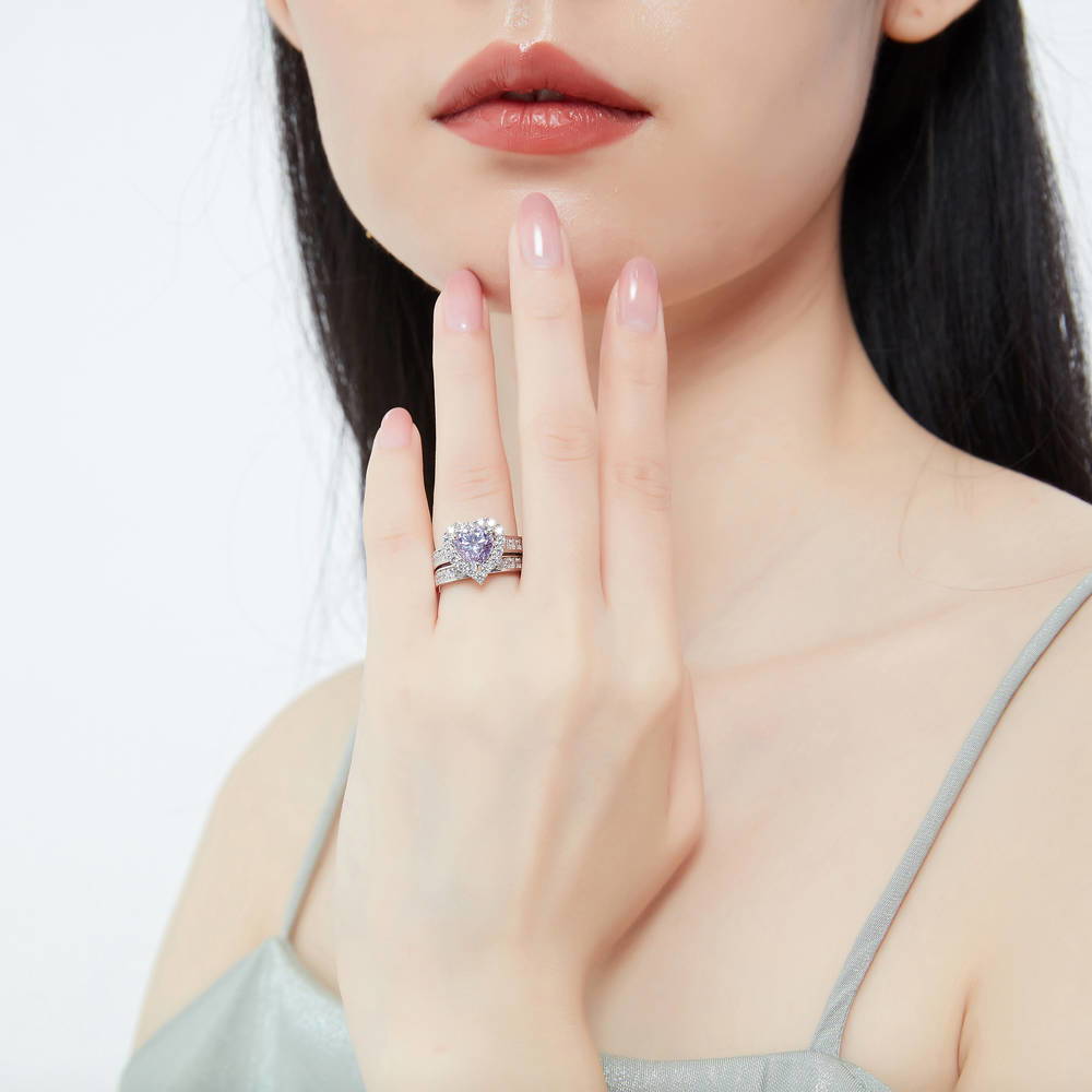 Halo Heart Purple Heart CZ Ring Set in Sterling Silver