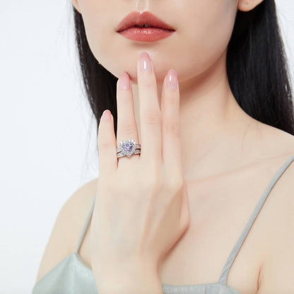 Halo Heart Purple Heart CZ Ring Set in Sterling Silver