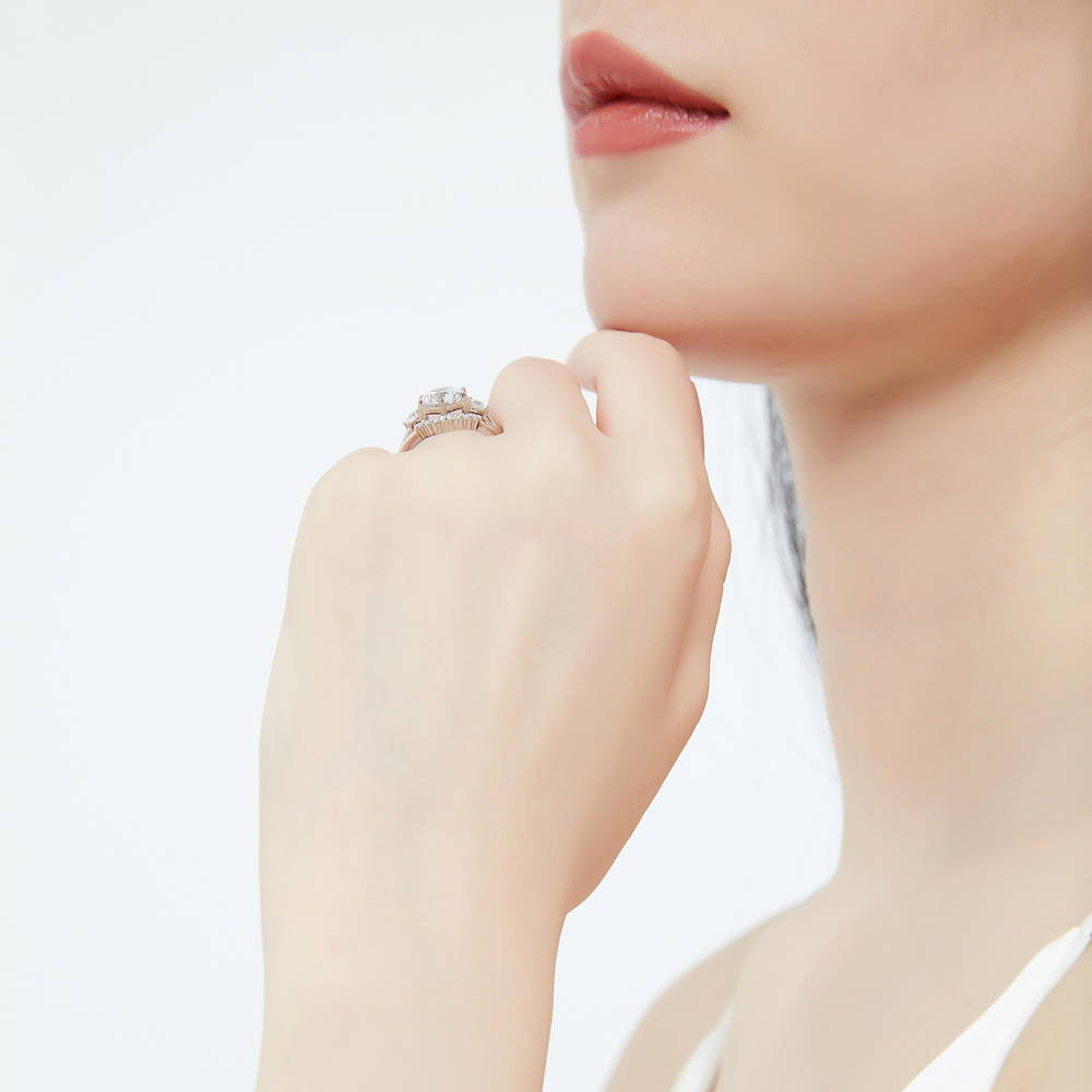 Model wearing 3-Stone Wishbone 7-Stone 2ct CZ Ring Set in Sterling Silver, 6 of 18