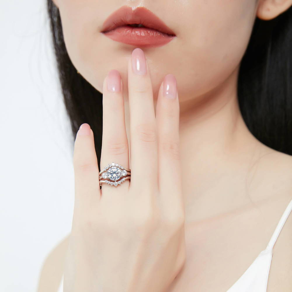 Model wearing 3-Stone Wishbone 7-Stone 2ct CZ Ring Set in Sterling Silver, 2 of 18
