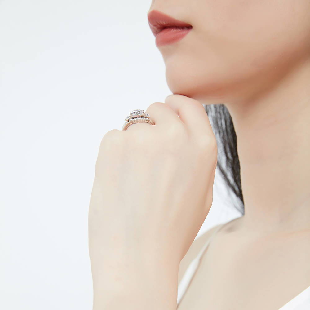 Model wearing 3-Stone Wishbone 7-Stone 2ct CZ Ring Set in Sterling Silver, 6 of 18