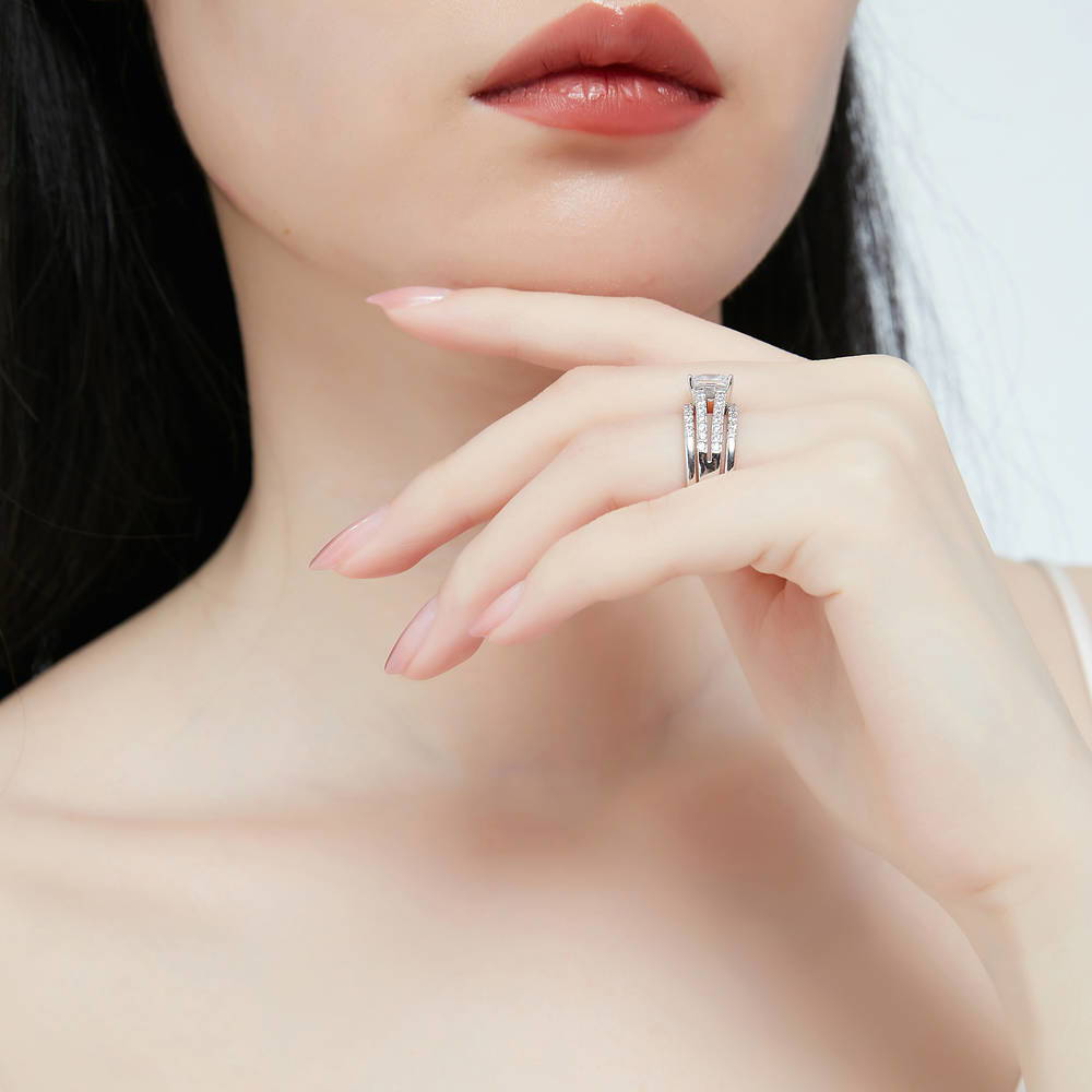 Model wearing Solitaire 2ct Princess CZ Split Shank Ring Set in Sterling Silver, 9 of 15