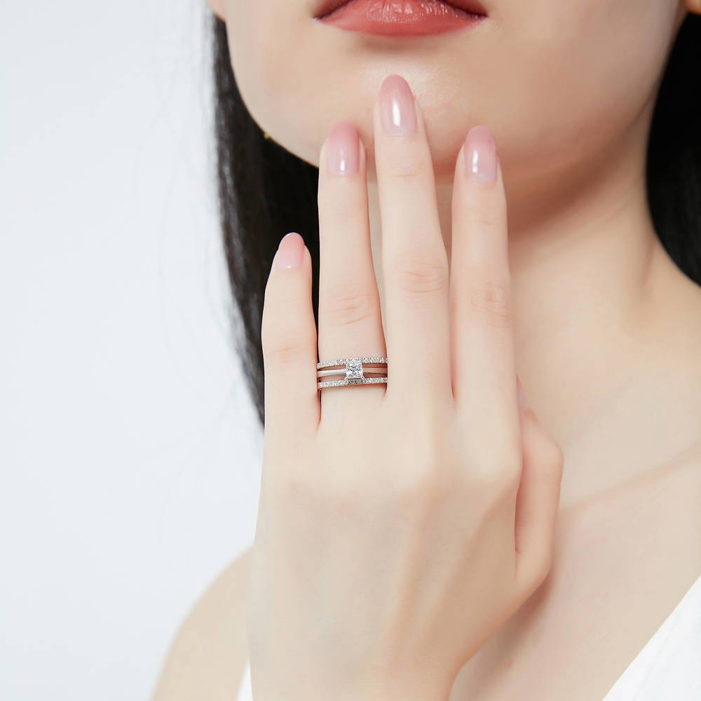 Model wearing Solitaire 0.4ct Princess CZ Ring in Sterling Silver, 12 of 14