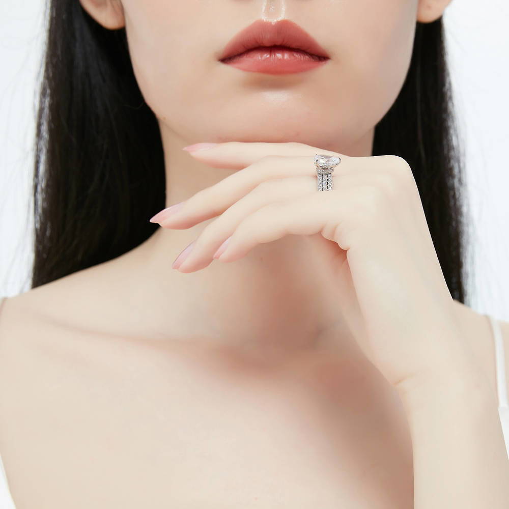 Solitaire Hidden Halo 1.8ct Pear CZ Ring Set in Sterling Silver