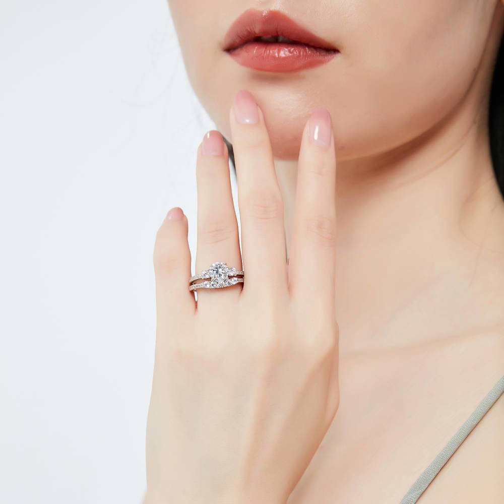 Model wearing 3-Stone 5-Stone 1.25ct CZ Ring Set in Sterling Silver, 2 of 19