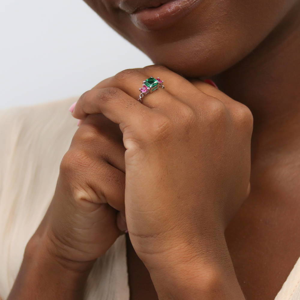 Model wearing 3-Stone Simulated Emerald Cushion CZ Chain Ring in Sterling Silver, 7 of 8
