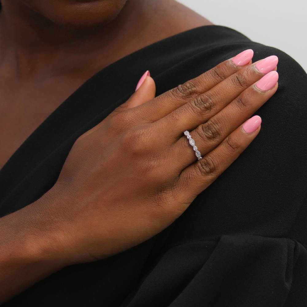 Model wearing Solitaire Milgrain Art Deco 0.45ct CZ Ring Set in Sterling Silver, 19 of 19