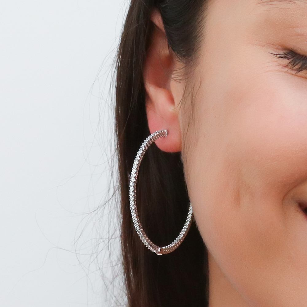 CZ Large Inside-Out Hoop Earrings in Sterling Silver 2"