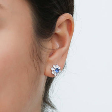 Halo Flower Blue Round CZ Stud Earrings in Sterling Silver