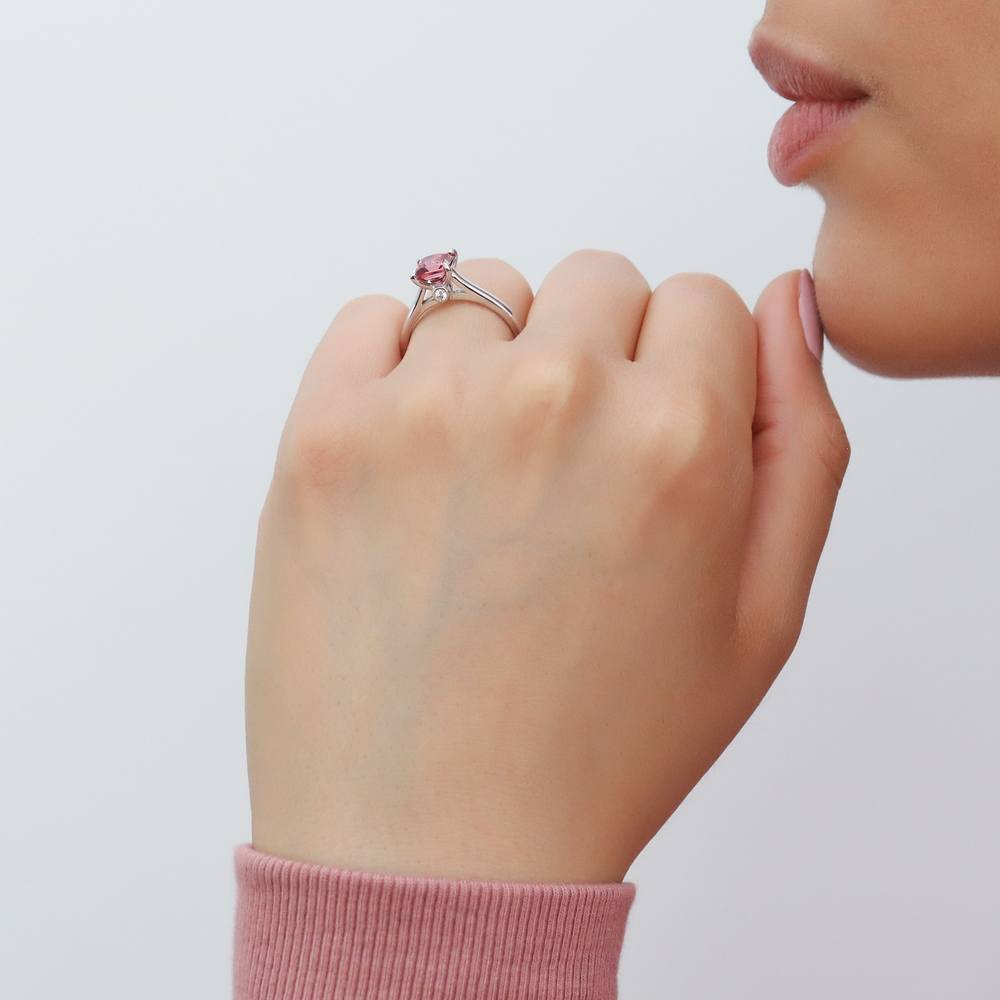 Model wearing Solitaire Wishbone Red Princess CZ Ring Set in Sterling Silver, 11 of 16