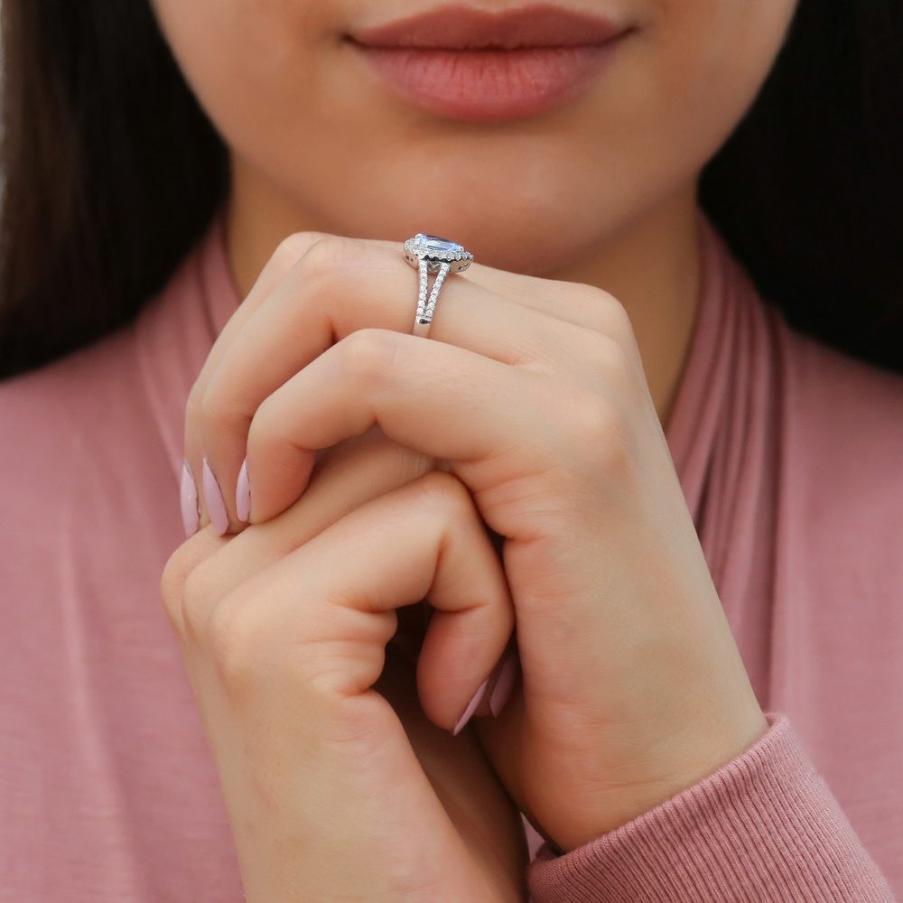 Halo Wishbone Blue CZ Split Shank Ring Set in Sterling Silver